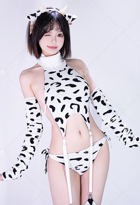 Costume Sexy Tricoté à Imprimé Vache avec Haut Dos Nu et Culotte Bas et Serre-tête