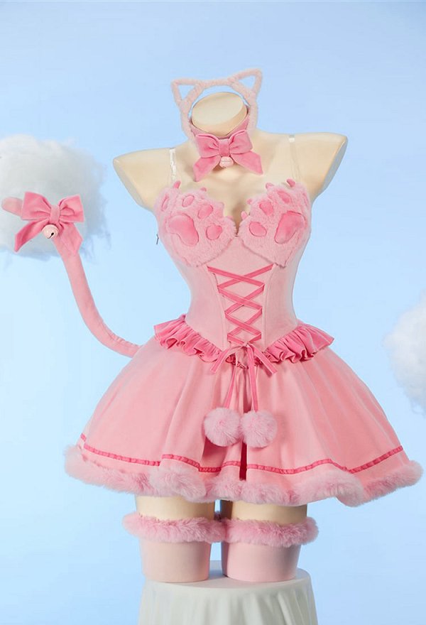 [MobFur] Sexy Cat-themed Winter Plush Outfit Schulterfreies Katzenpfoten-Kleid mit Stirnband und Schwanz