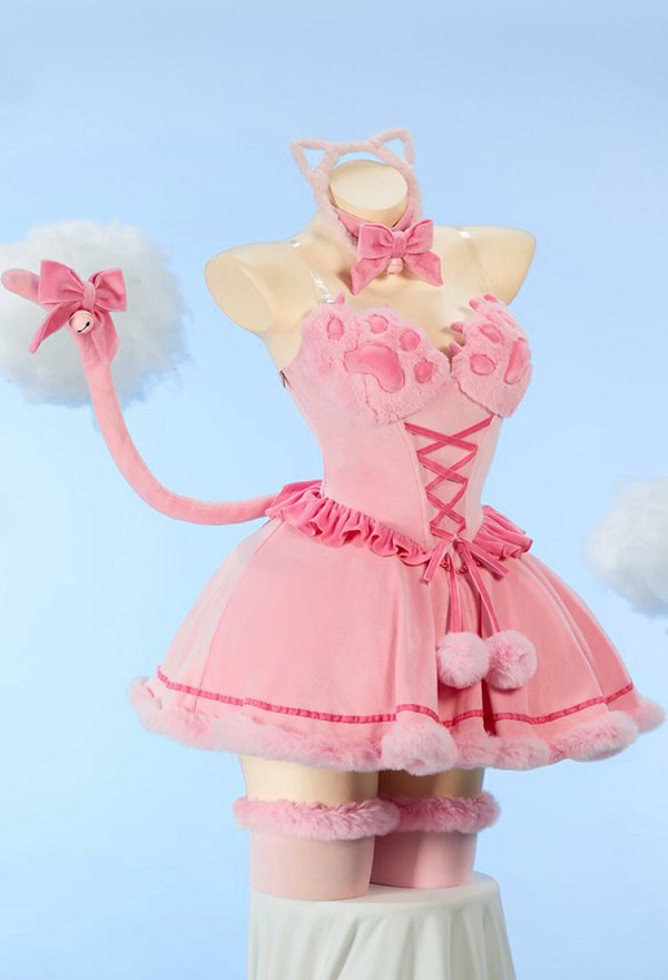 [MobFur] Sexy Cat-themed Winter Plush Outfit Schulterfreies Katzenpfoten-Kleid mit Stirnband und Schwanz