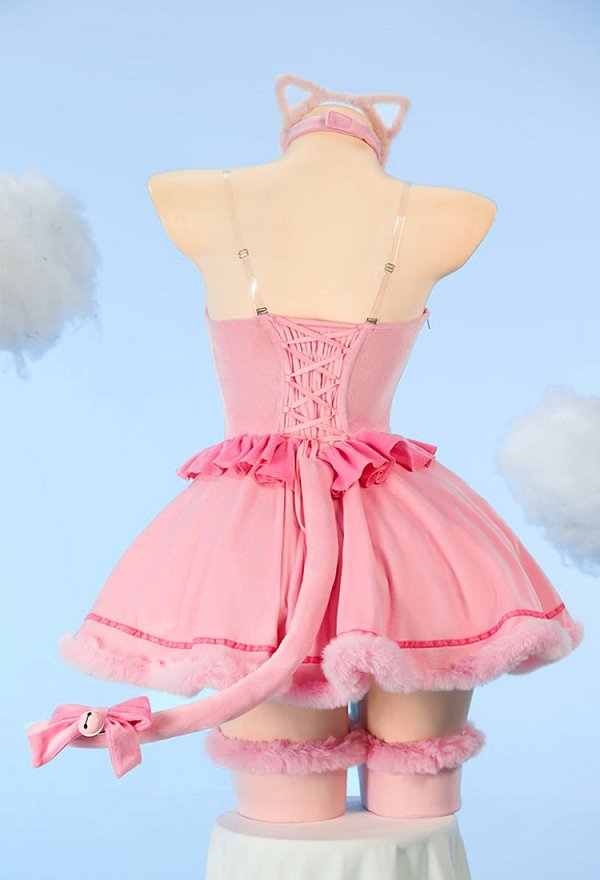 [MobFur] Sexy Cat-themed Winter Plush Outfit Schulterfreies Katzenpfoten-Kleid mit Stirnband und Schwanz