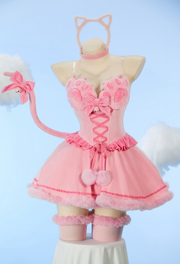 [MobFur] Sexy Cat-themed Winter Plush Outfit Schulterfreies Katzenpfoten-Kleid mit Stirnband und Schwanz