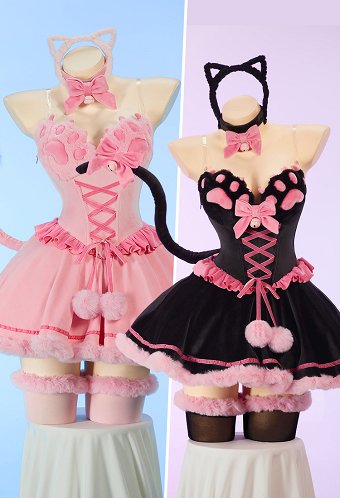 [MobFur] Conjunto Sexy de Invierno de Peluche con Temática de Gato Vestido de Hombros Descubiertos con Patas de Gato con Diadema y Cola
