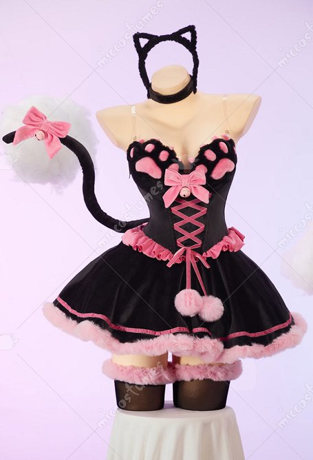 [MobFur] Tenue sexy en peluche hivernale sur le thème du chat robe épaule dénudée avec patte de chat bandeau et queue