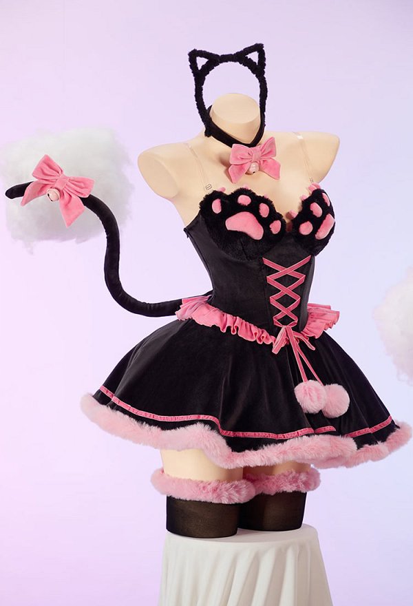 [MobFur] Sexy Cat-themed Winter Plush Outfit Off-the-shoulder Cat Paw Dress with Headband and Tail