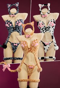 Sexy Cow Tabby Leopard Cat Print Winter Plush Costume Cute Paw Top and Thong with Ears Headband and Tail