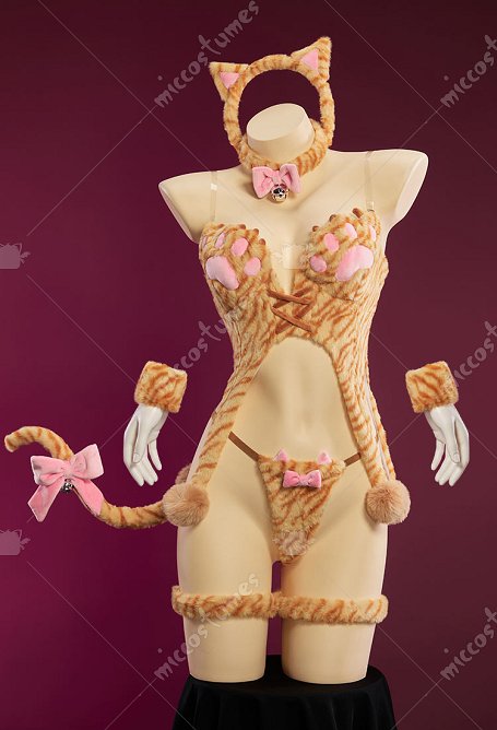 Tenue Hivernale Plush Sexy Imprimé Vache Tabby Léopard Haut Mignon Pattes et String avec Bandeau Oreilles et Queue