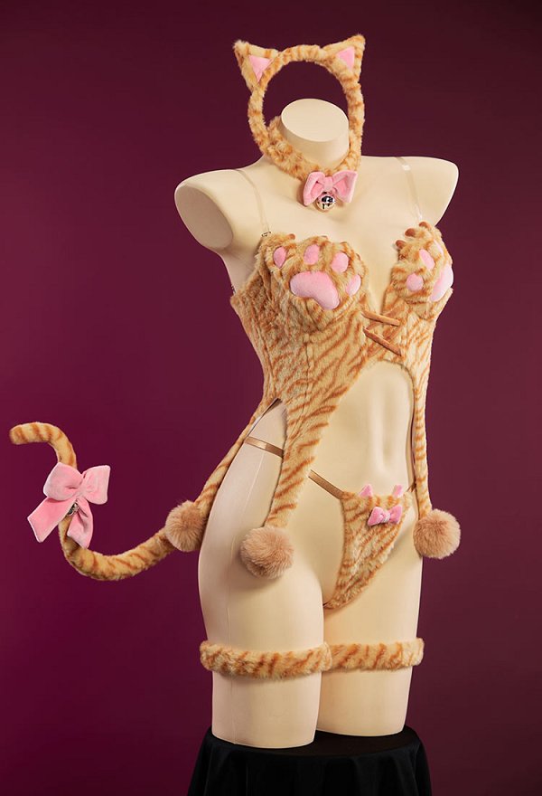 Kuh getigertes und leopardenmuster Katzenmotiv sexy Winter Plüsch Kostüm Set süßes Pfotenoberteil und Tanga mit Ohren Stirnband und Schwanz Kuh getigertes und leopardenmuster Katzenmotiv sexy Winter Plüsch Kostüm Set süßes Pfotenoberteil und Tanga mit Ohren Stirnband und Schwanz