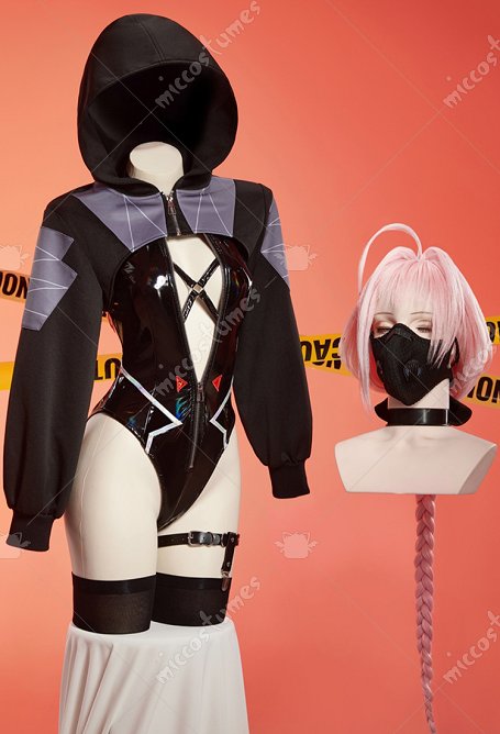 [MobMotion] Cyberpunk 2 Talia Yang Derivative Sexy Outfit Neckholder Cutout Bodysuit und Kapuzen Bolero Jacke mit Maske und Strümpfen