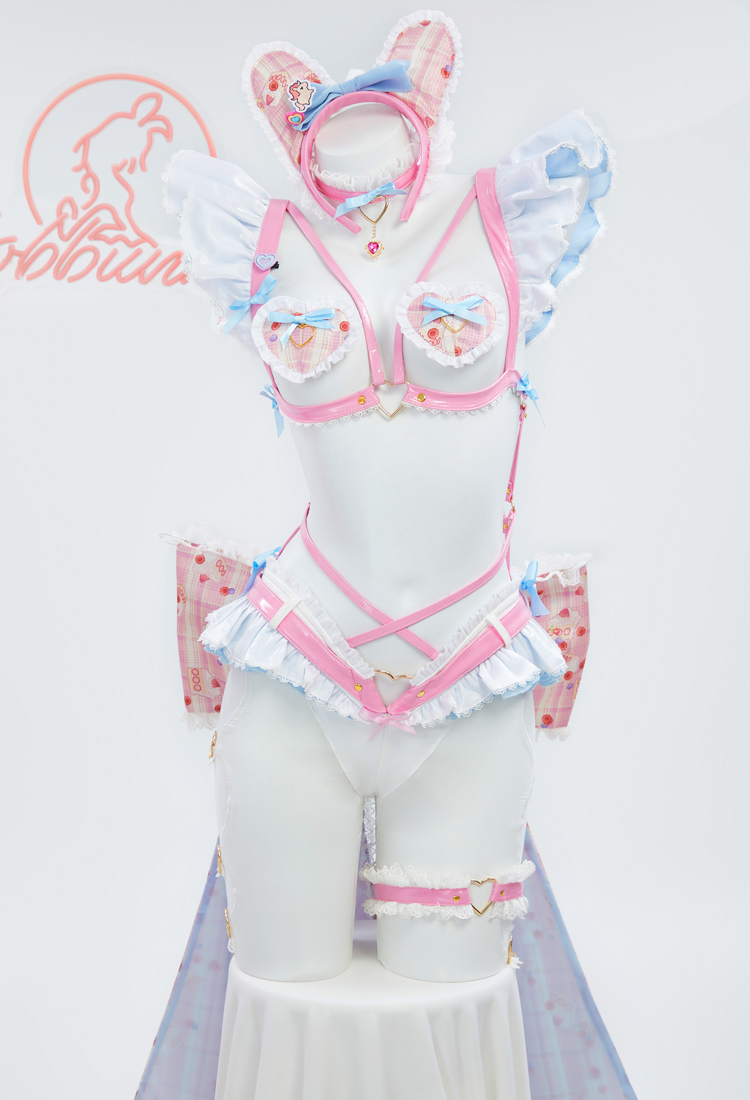 MOBBUNNY X 面倒くさい CHANA SADIE Derivative Pink Kawaii Bowknot Conjunto de lencería sexy con pantimedias guantes anillo en la pierna diadema