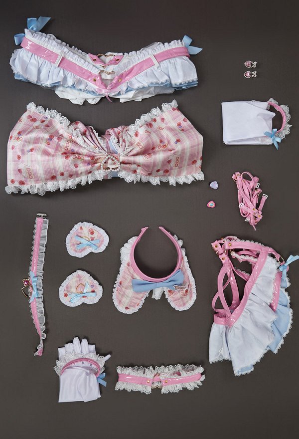 MOBBUNNY X 面倒くさい CHANA SADIE Derivative Pink Kawaii Bowknot Conjunto de lencería sexy con pantimedias guantes anillo en la pierna diadema