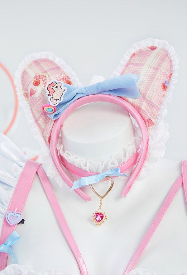MOBBUNNY X 面倒くさい CHANA SADIE Derivative Pink Kawaii Bowknot Conjunto de lencería sexy con pantimedias guantes anillo en la pierna diadema