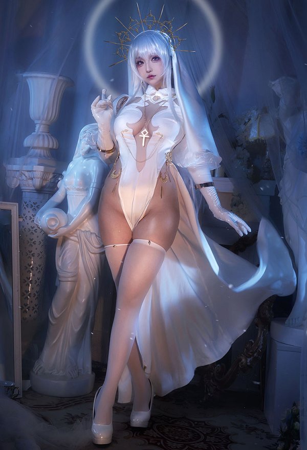 Miccostumes x MobBunny x Chowbie Sister Sexy Lingerie Set Hollowed Halter Dress and Veil with Thigh Socks and Earrings