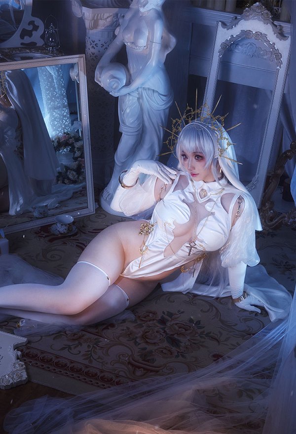 Miccostumes x MobBunny x Chowbie Sister Sexy Lingerie Set Hollowed Halter Dress and Veil with Thigh Socks and Earrings