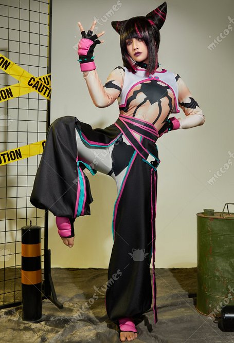 SF 6 Juri Cosplay Kostüm Bodysuit Hose Weste und Handschuhen