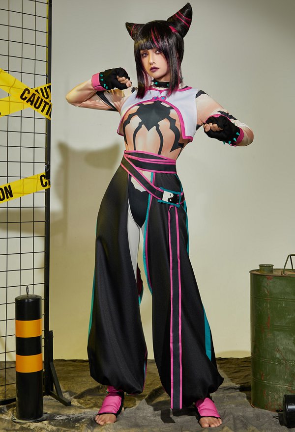 SF 6 Juri Cosplay Kostüm Bodysuit Hose Weste und Handschuhen