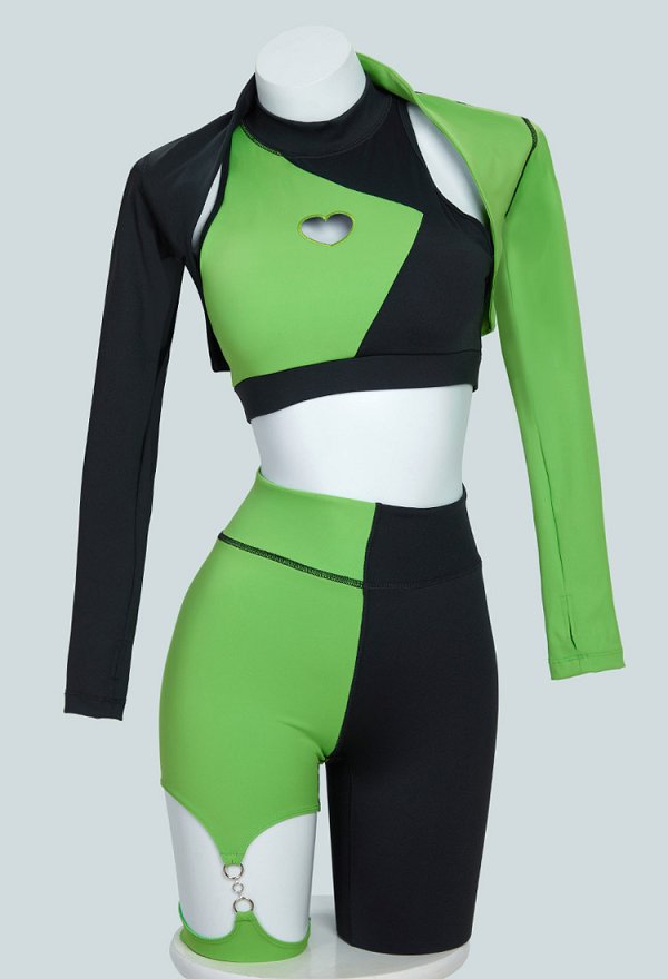 Ropa deportiva de yoga Shego Derivative Green Black top y leggings con chaqueta