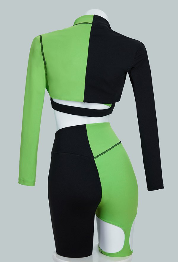 Ropa deportiva de yoga Shego Derivative Green Black top y leggings con chaqueta