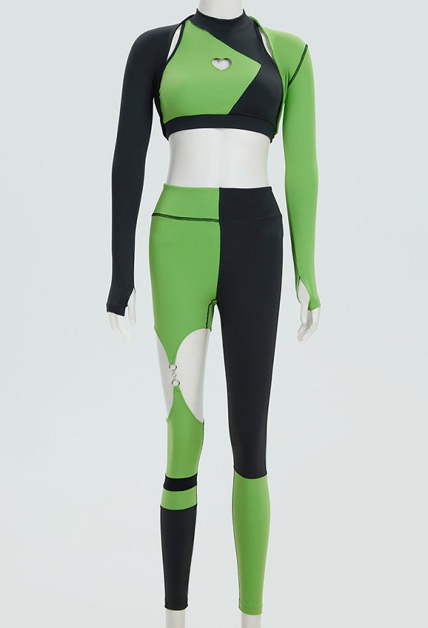 Ropa deportiva de yoga Shego Derivative Green Black top y leggings con chaqueta