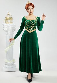 Shrek Fiona Cosplay Costume Square Neck Slim Vintage Green Dress and Vest