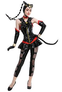 Sailor Moon Sailor Tin Nyanko Suzu Black Leather Dress Zentai Bodysuit Outfit Cosplay Costume with Headpiece and Net Pantyhose