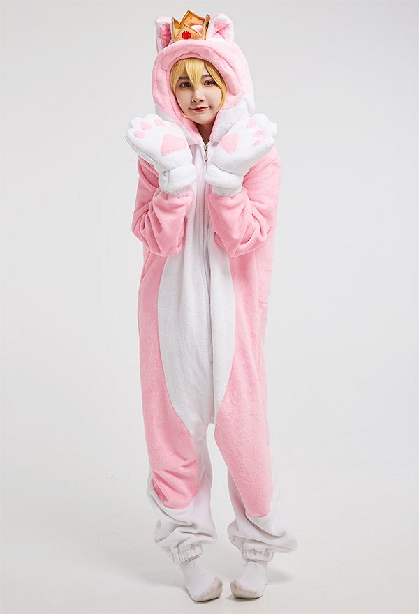 Halloween Women Cartoon Girl Peach Derivative Cat Pink Onesie Pajama Adult Onesie Homewear Kigurumi Hooded Loungewear Costume Outfits