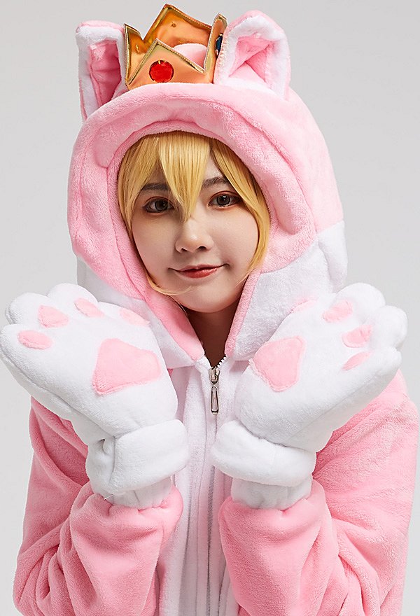 Halloween Women Cartoon Girl Peach Derivative Cat Pink Onesie Pajama Adult Onesie Homewear Kigurumi Hooded Loungewear Costume Outfits