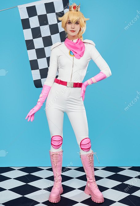 Peach Cosplay Modell Rennanzug Krone Schal Top Handschuhe Hose Set Cosplay Kostüm