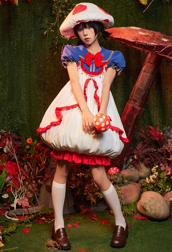 Toad Derivative Cosplay Costume Kawaii Doll Collar Top and Dress with Hat and Socks