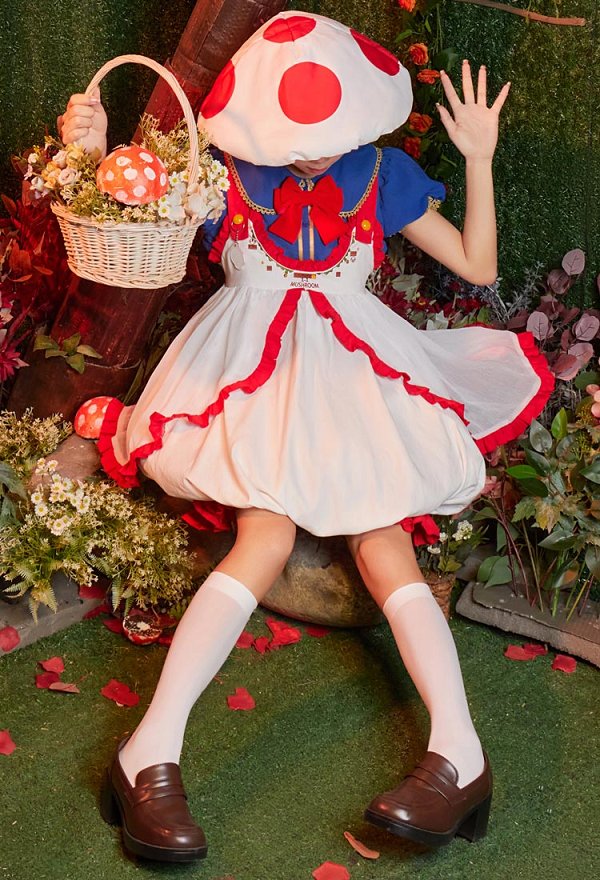 Toad Derivative Cosplay Costume Kawaii Doll Collar Top and Dress with Hat and Socks