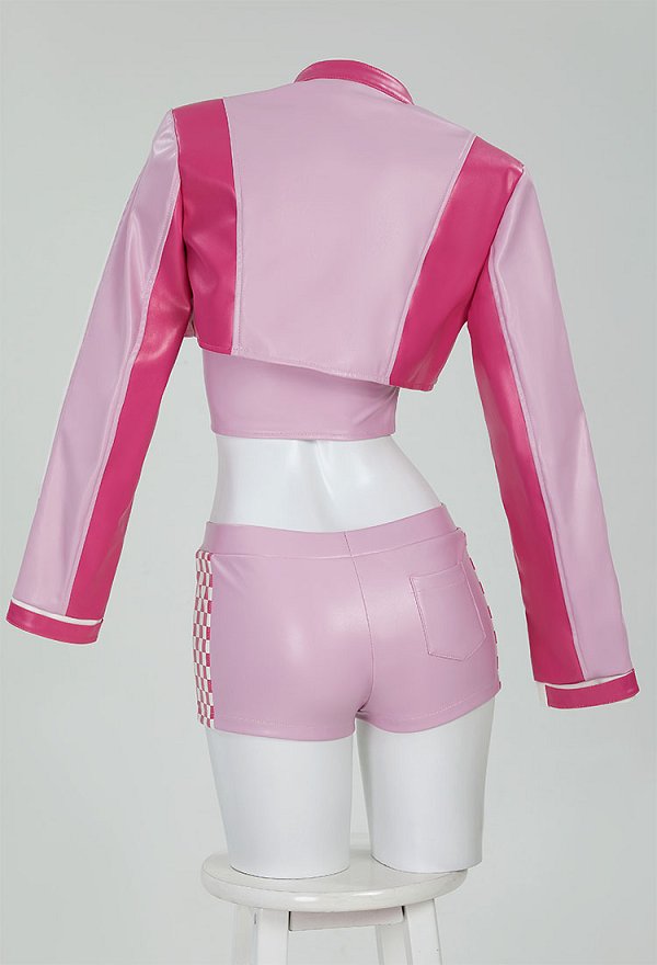Traje de Carrera Rosa Melocotón Top Corto y Chaqueta con Pantalones Cortos Collar Conjunto Casual Traje de Carrera Rosa Melocotón Top Corto y Chaqueta con Pantalones Cortos Collar Conjunto Casual