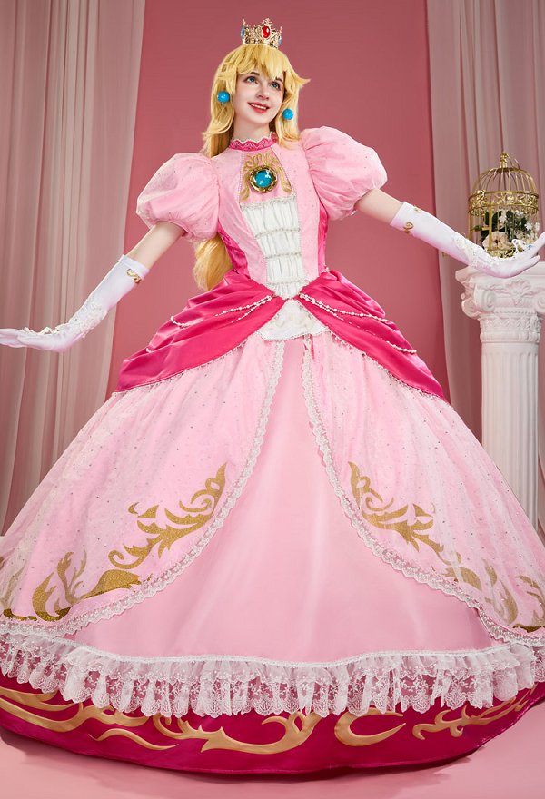 Disfraz de princesa Peach para cosplay con delantal y cadena en la cintura