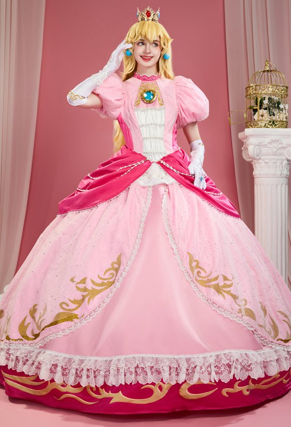 Disfraz de princesa Peach para cosplay con delantal y cadena en la cintura