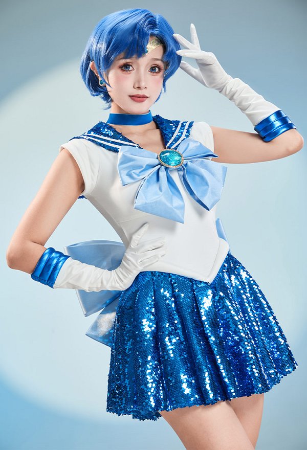 Sailor Moon Mercury & Mars Cosplay Vestido con guantes y accesorios para el pelo Sailor Moon Mercury & Mars Cosplay Vestido con guantes y accesorios para el pelo