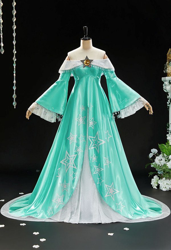 Super Mario Princesa Rosalina Cosplay Vestido mejorado con pendientes y broche de pentagrama