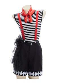Costume de mime muet pour jeu de rôle et cosplay composé d'un haut d'un short d'un chapeau et de bretelles