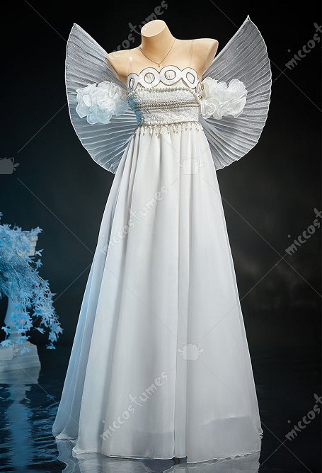 Sailor Moon Serenity Cosplay Costume White Dress with Bow and Necklace