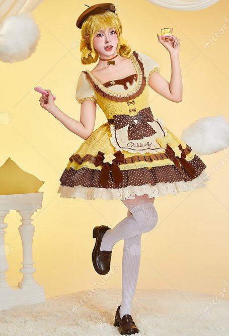 Pompompurin Derivado Adorable conjunto Lolita con vestido de lunares con bloques de color con delantal y sombrero