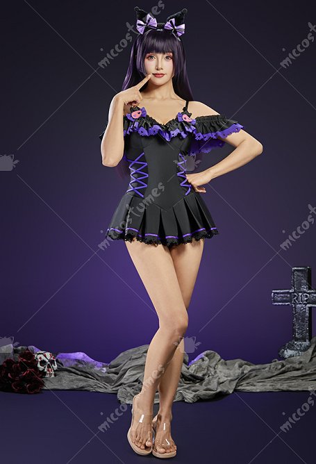 Kuromi Derivado Traje de baño de una pieza halter con volantes y cintas para el pelo