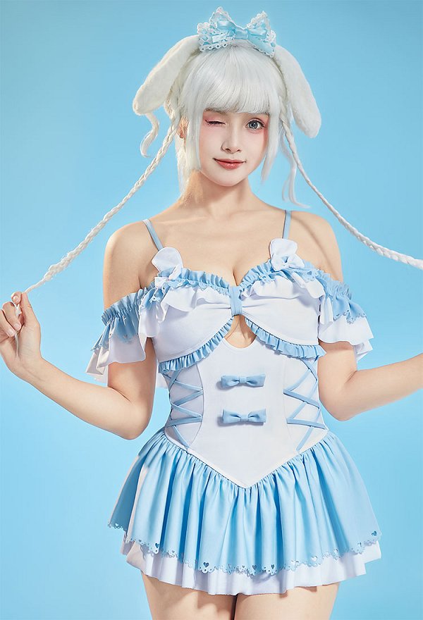 Anime Doll Derivado Lindo traje de baño de una pieza con top halter con volantes y diadema. Anime Doll Derivado Lindo traje de baño de una pieza con top halter con volantes y diadema.