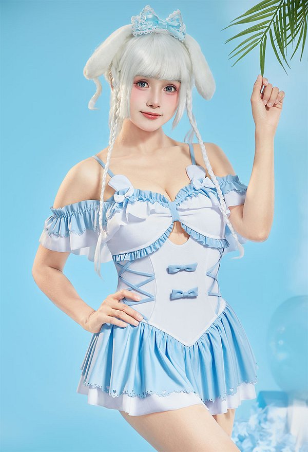 Anime Doll Derivado Lindo traje de baño de una pieza con top halter con volantes y diadema. Anime Doll Derivado Lindo traje de baño de una pieza con top halter con volantes y diadema.