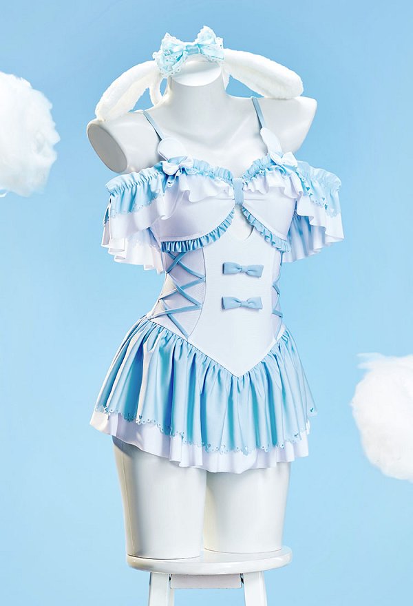 Anime Doll Derivado Lindo traje de baño de una pieza con top halter con volantes y diadema. Anime Doll Derivado Lindo traje de baño de una pieza con top halter con volantes y diadema.