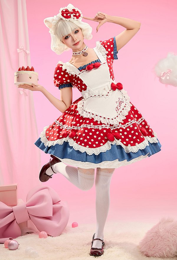 Anime Puppen Kawaii Lolita Set mit gepunktetem Rüschenkleid Schürze Haaraccessoire