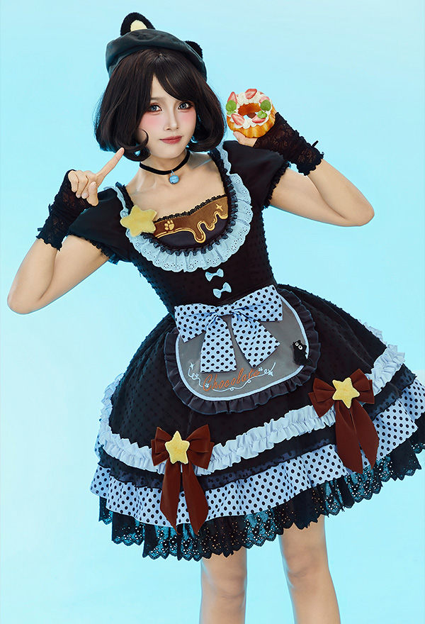 Anime Doll Derivative Kawaii Cute Lolita Outfit Set Polka Dot Color-Blocked Dress with Apron and Hat