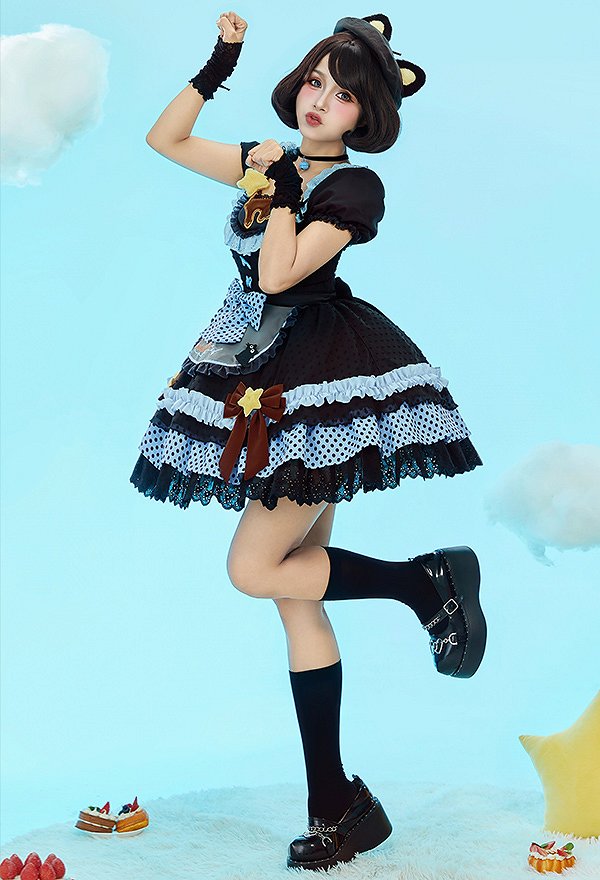 Anime Doll Derivative Kawaii Cute Lolita Outfit Set Polka Dot Color-Blocked Dress with Apron and Hat