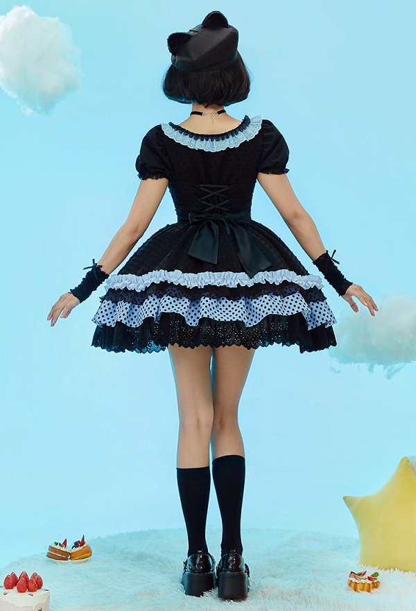 Anime Doll Derivative Kawaii Cute Lolita Outfit Set Polka Dot Color-Blocked Dress with Apron and Hat
