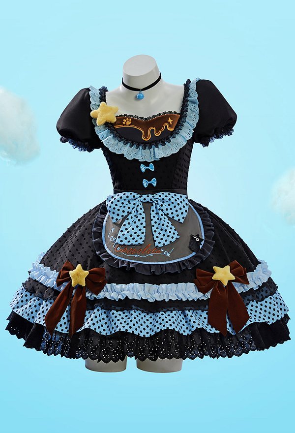 Anime Doll Derivative Kawaii Cute Lolita Outfit Set Polka Dot Color-Blocked Dress with Apron and Hat