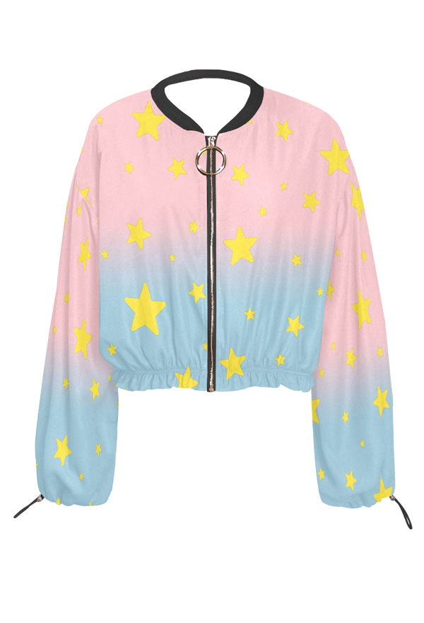 Summer Chiffon Coat Pink and Blue Gradient Stars Zip-Up Jacket Long Sleeves Sun Protection Clothing