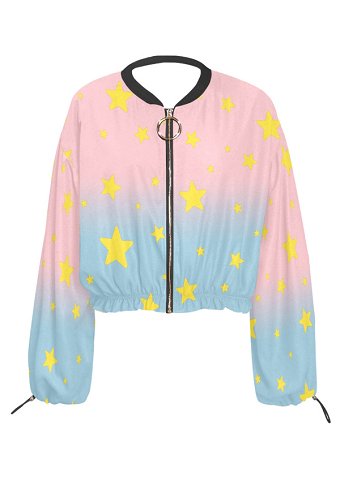 Summer Chiffon Coat Pink and Blue Gradient Stars Zip-Up Jacket Long Sleeves Sun Protection Clothing