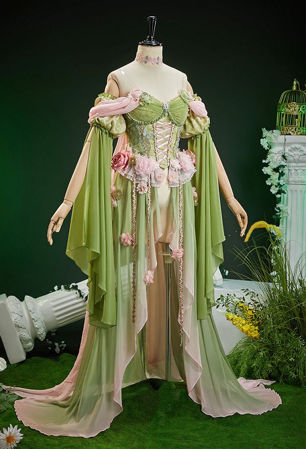 Tinker Bell Derivative Spring Flower Goddess Fantasy Kleid Blumenverziertes Taillenbetontes Kleid Farbverlauf Ärmeln und Schleife Tinker Bell Derivative Spring Flower Goddess Fantasy Kleid Blumenverziertes Taillenbetontes Kleid Farbverlauf Ärmeln und Schleife