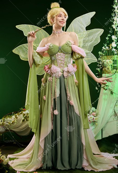 Tinker Bell Derivado Primavera Flora Diosa Vestido con cinturilla y mangas decoradas con flores y Puffy